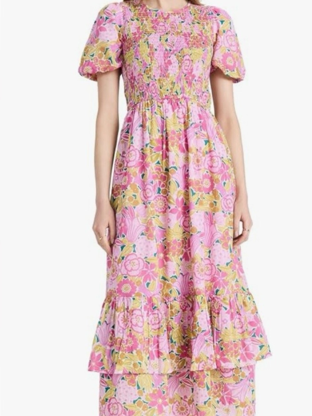 Banjanan Quant Pink & Yellow Floral Smocked Midi Dress